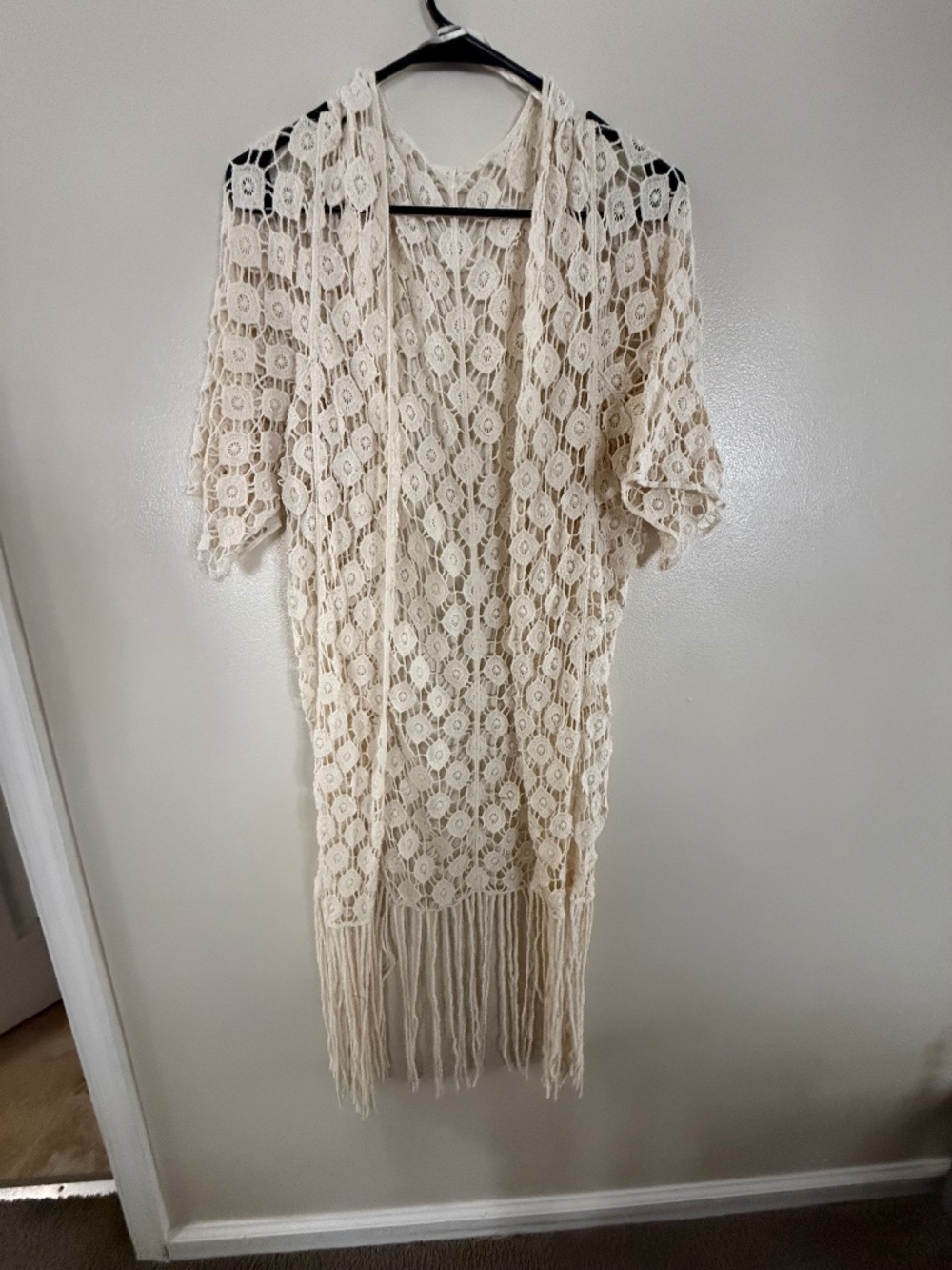 boho M/L long crochet cover up with midlength sleeves